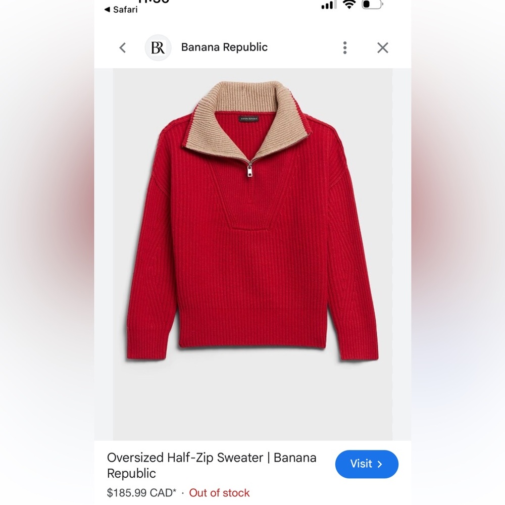 Banana Republic Bright Red Ribbed Half-Zip Sweater